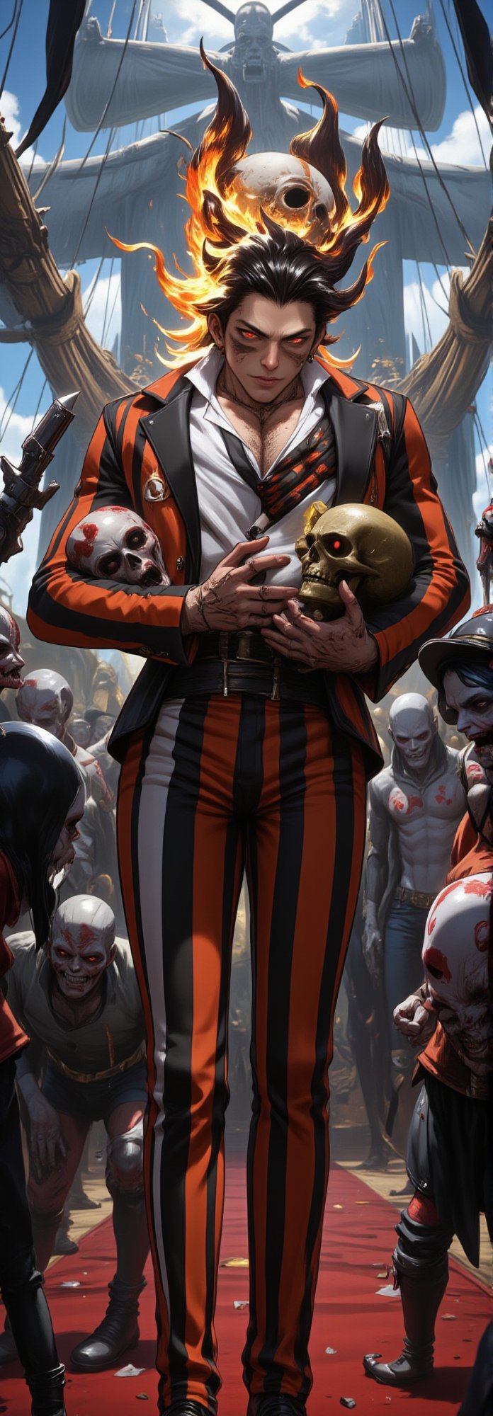 Full-body portrait of Mr. 3 from One Piece, wearing his classic striped suit and black tie, with hair shaped into a flaming number 3. Halloween-themed design, combining spooky zombie elements. The scene is set aboard the Thousand Sunny, with the large triple-sailed ship in the background. The scene mixes realistic textures with animation style, creating a surreal and captivating atmosphere. Mr. 3 stands among zombies, holding a wax sculpture of a skull, blending spooky and adventurous vibes. Enhanced all, Fantasy detailers,Spooky  Art Drawing,FANGS