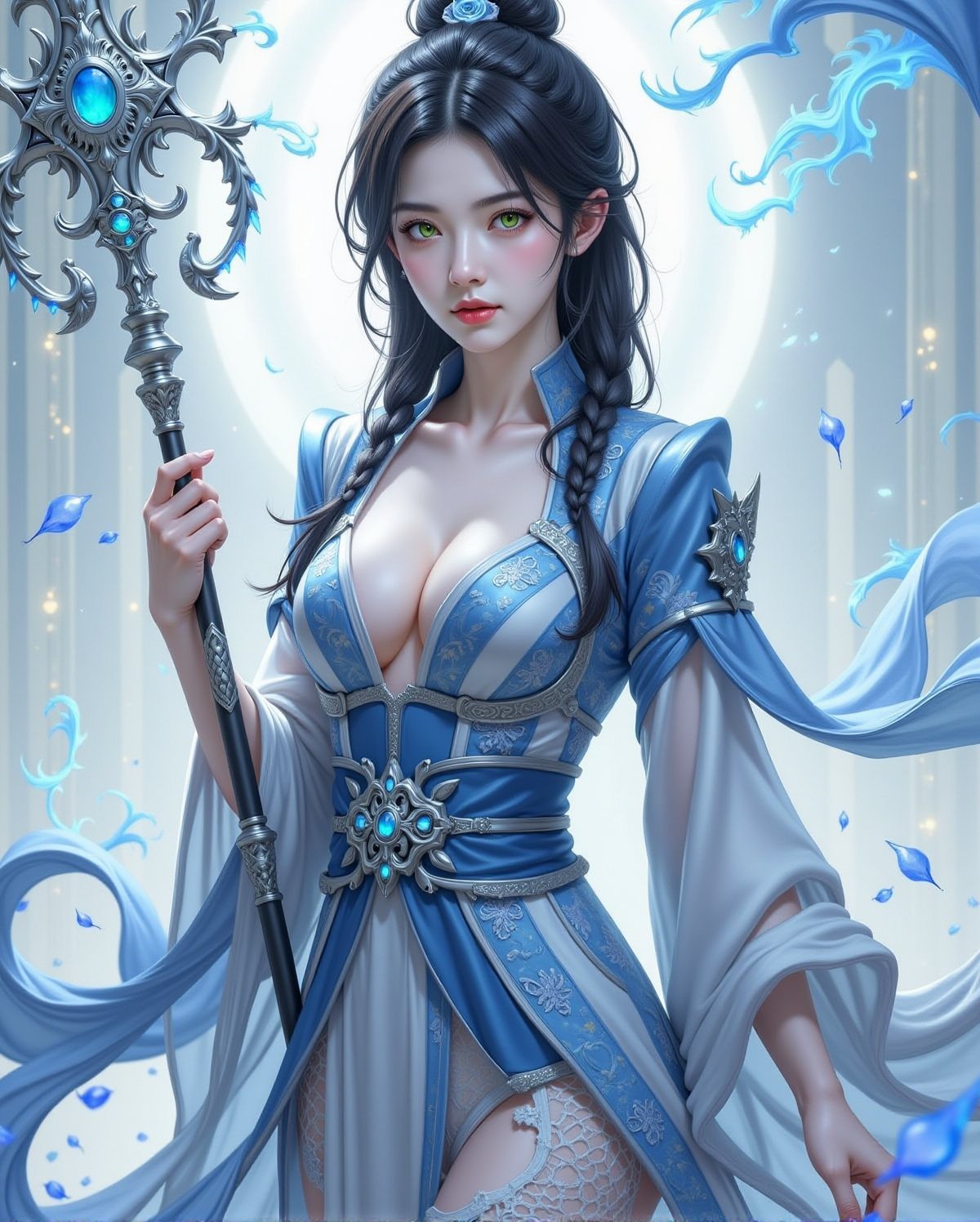 A mesmerizing digital art piece depicts a stunning summoner from the game world, with porcelain-like skin and raven-black hair. She stands regally in a flowing Japanese-style robe, adorned with exquisite blue-gray patterns on her chest plate and waist belt, accentuating her hourglass figure. Her eyes glow green, creating a striking contrast against her pale skin. One hand holds a slender silver staff embellished with oversized gemstones, while the other raises high, releasing radiant holy flames. Her expression is stern, with piercing gaze directly addressing the viewer, exuding a balance of serenity and authority. The Japanese-style robe elegantly wraps around her body, subtly revealing her curves, reflecting the complexity of a sacred summoner's theme. A cross-shaped pendant on her chest plate emphasizes her gaming role. The waistband transitions to net-like fabric below, gradating from white to pale blue, adding an adventurous quality to her appearance. She stands out against the radiant background of a game future city and soft, ethereal atmosphere, highlighting her dramatic sacred summoner pose.Enhanced all,babe