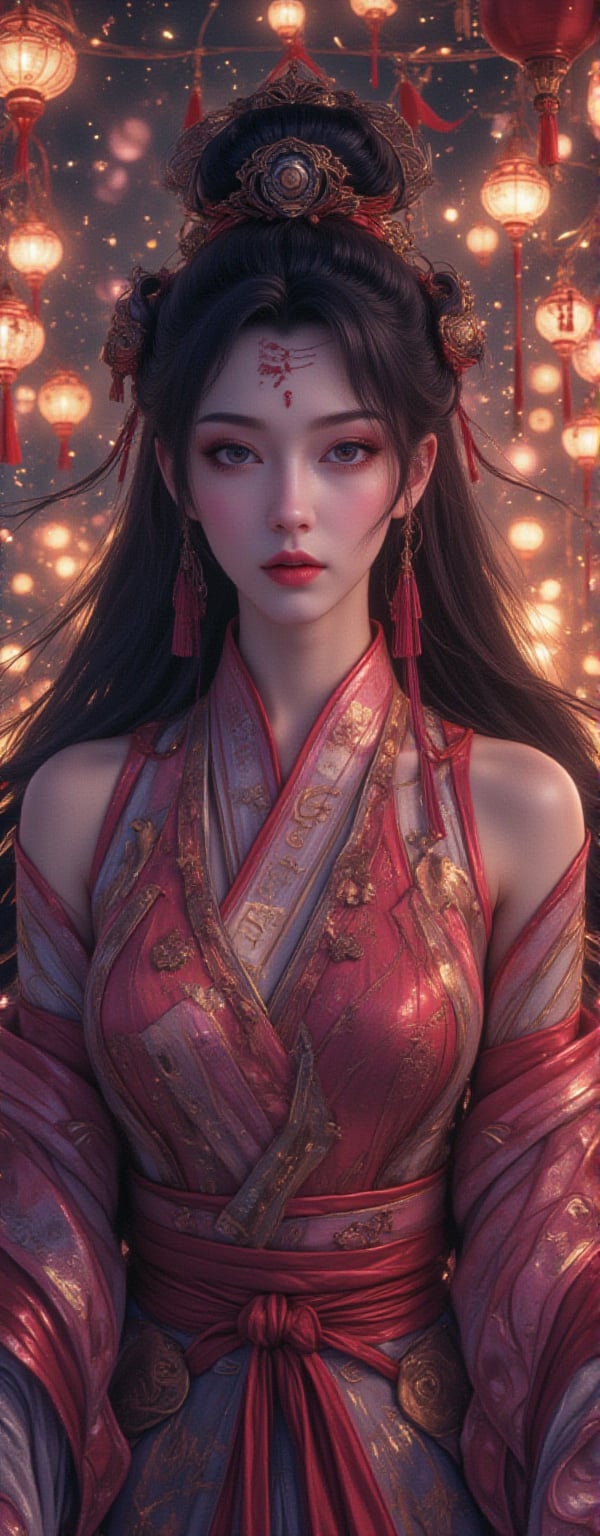 Best quality, masterpiece, ultra high res, (photorealistic:1.5), raw photo, (Masterpiece, Top Quality, Best Quality, Official Art, Beauty and Aesthetics: 1.2), 1girl, long black hair, Medusa wears a sleeveless, In a vibrant, ultra-realistic depiction, Diao Chan stands confidently in her Three Kingdoms dress-up attire, her bright smile radiating joy as she gazes directly at the viewer. Her striking features are set against a warm, HDR-lit backdrop, emphasizing her porcelain-like complexion and luscious locks. Framed from head to toe, her elegant figure is showcased in stunning detail, inviting the viewer to step into the captivating scene.,Eroflo,meidusha, KOLNB,forehead mark, high contrast, (grayscale:-1.5),云韵Flux-起风了,purple hair