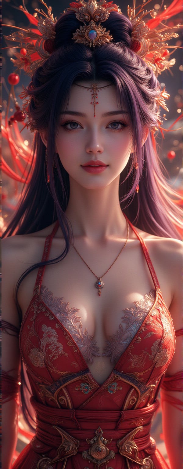 Best quality, masterpiece, ultra high res, (photorealistic:1.5), raw photo, (Masterpiece, Top Quality, Best Quality, Official Art, Beauty and Aesthetics: 1.2), 1girl, long black hair, Medusa wears a sleeveless, In a vibrant, ultra-realistic depiction, Diao Chan stands confidently in her Three Kingdoms dress-up attire, her bright smile radiating joy as she gazes directly at the viewer. Her striking features are set against a warm, HDR-lit backdrop, emphasizing her porcelain-like complexion and luscious locks. Framed from head to toe, her elegant figure is showcased in stunning detail, inviting the viewer to step into the captivating scene.,Eroflo,meidusha, KOLNB,forehead mark, high contrast, (grayscale:-1.5),云韵Flux-起风了,purple hair