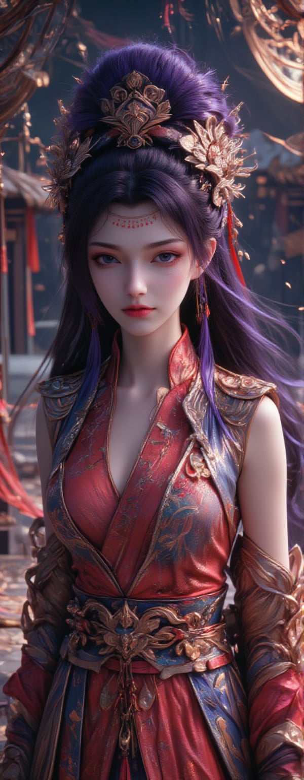 Best quality, masterpiece, ultra high res, (photorealistic:1.5), raw photo, (Masterpiece, Top Quality, Best Quality, Official Art, Beauty and Aesthetics: 1.2), 1girl, long black hair, Medusa wears a sleeveless, In a vibrant, ultra-realistic depiction, Diao Chan stands confidently in her Three Kingdoms dress-up attire, her bright smile radiating joy as she gazes directly at the viewer. Her striking features are set against a warm, HDR-lit backdrop, emphasizing her porcelain-like complexion and luscious locks. Framed from head to toe, her elegant figure is showcased in stunning detail, inviting the viewer to step into the captivating scene.,Eroflo,meidusha, KOLNB,forehead mark, high contrast, (grayscale:-1.5),云韵Flux-起风了,purple hair