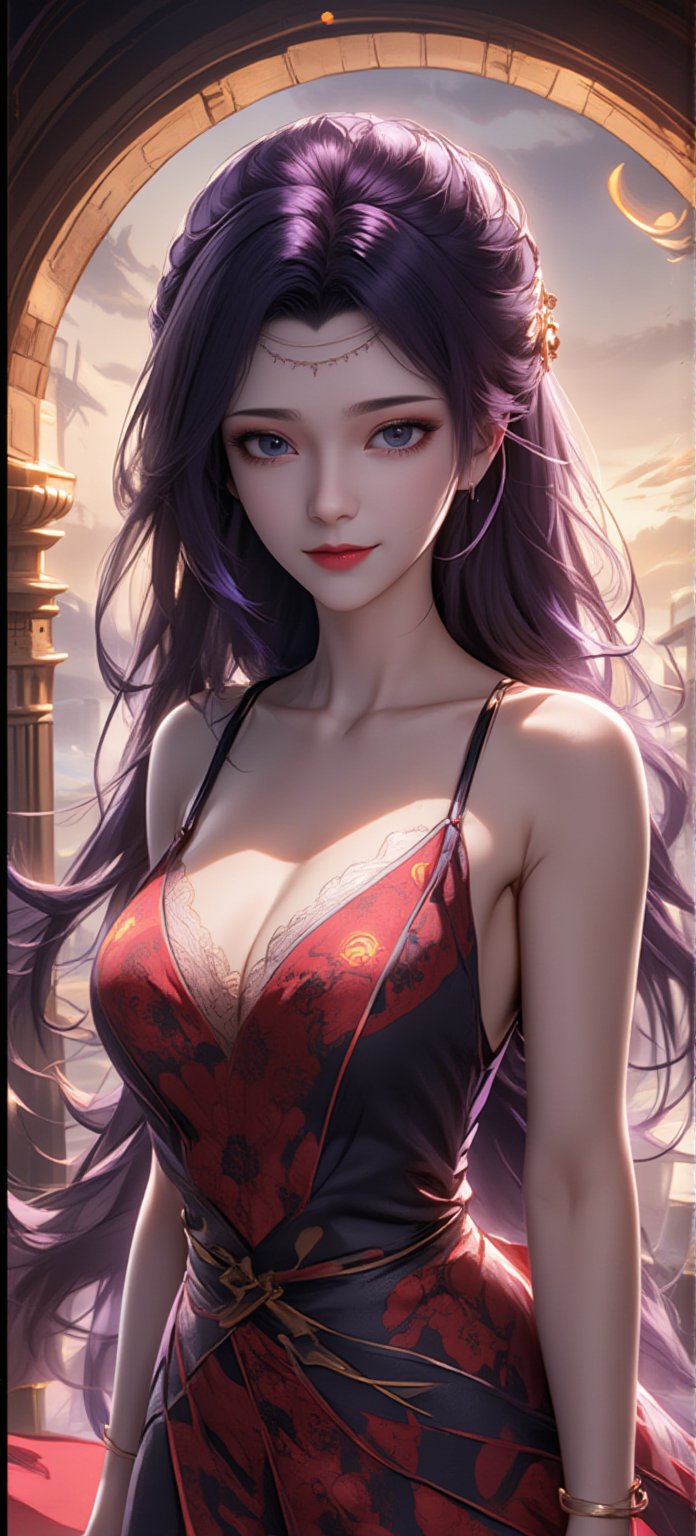 ATRFX, A cinematic frame captures a striking anime scene:  Best quality, masterpiece, ultra high res, raw photo, (Masterpiece, Top Quality, Best Quality, Official Art, Beauty and Aesthetics: 1.2), 1girl, long black hair, Medusa wears a sleeveless, In a vibrant, ultra-realistic depiction, Diao Chan stands confidently in her Three Kingdoms dress-up attire, her bright smile radiating joy as she gazes directly at the viewer. Her striking features are set against a warm, HDR-lit backdrop, emphasizing her porcelain-like complexion and luscious locks. Framed from head to toe, her elegant figure is showcased in stunning detail, inviting the viewer to step into the captivating scene.,Eroflo,meidusha, KOLNB,forehead mark, high contrast, (grayscale:-1.3),云韵Flux-起风了,purple hair