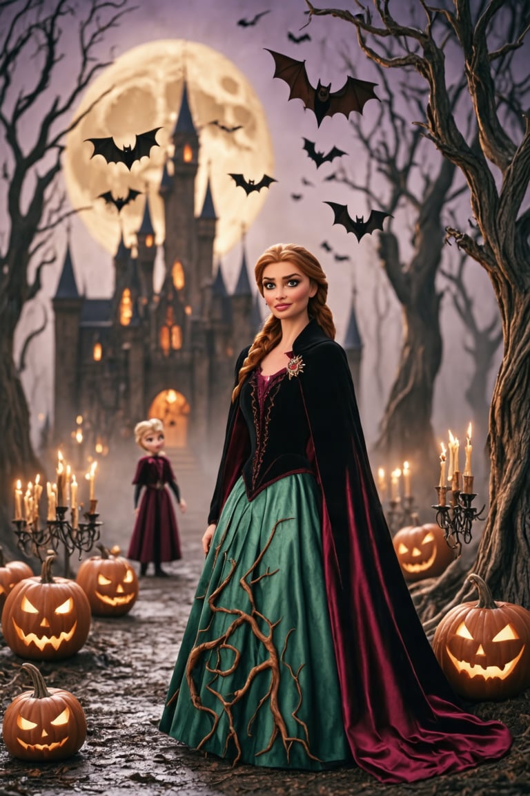 Super detailed, super realistic, anatomically correct, Princess Anna from Frozen, dressed in her classic attire, now transformed with a vampire Halloween theme. Her green skirt is now deep crimson, patterned with dark thorny vines and subtle bat motifs. She wears a black velvet cloak with deep red lining, decorated with golden embroidery resembling gothic candelabras and vampire symbols. Her brooch is shaped like a vampire fang, glowing softly with a red hue. The scene is set on a foggy Halloween night during a vampire ball at the castle, bathed in crimson and purple lights. Anna stands near a forest of twisted, gnarled trees lined with flickering crimson candles, as black bats fly overhead. Olaf is dressed as a vampire jack-o’-lantern, his carved face illuminated from within, with sharp fangs and a red velvet cape. Small vampire pumpkin spirits with mischievous glowing red eyes float around the castle. The full moon enhances the eerie and gothic atmosphere, casting long shadows on the scene. Enhanced all, Fantasy detailers,