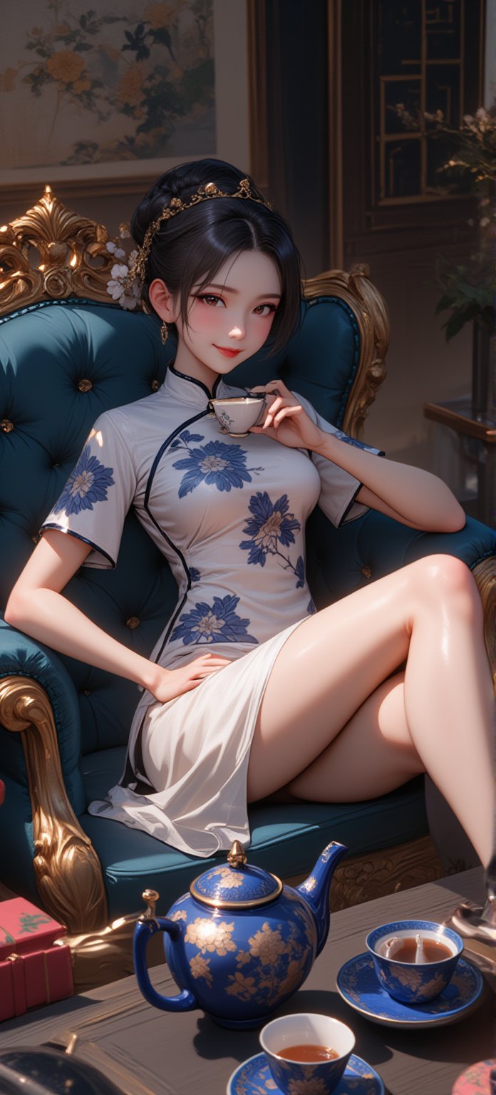 ATRFX, A cinematic frame captures a striking anime scene:  Score_9, score_8_up, score_7_up, a majestic oriental beauty sits lazily on a baroque sofa, with a dark blue gold rim in the background. She wore a white cheongsam decorated with navy blue and peony patterns that highlighted her perfectly proportioned legs. She held a delicate and elegant porcelain cup with fragrant black tea in it. The table next to the chairs presents an exquisite tea party scene, complete with porcelain teapots and cups. A Chinese painting hangs on the wall behind, and the decoration is gorgeous, adding to the luxurious atmosphere. Movie special effects style.,fantasy