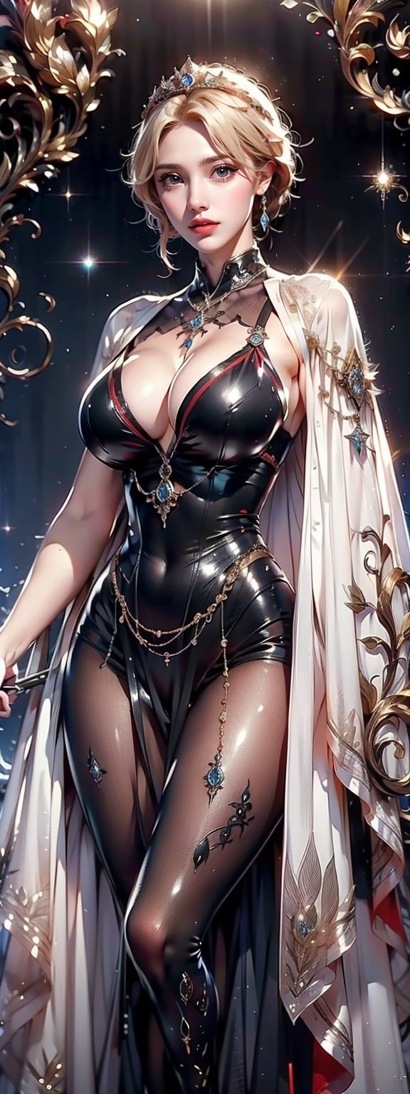 In a breathtaking 8K rendering, a stunning Korean university student stands majestically as a real photo of a fantasy art depicting a gothic queen. She is approximately 25 years old, and the character is shrouded in majestic lighting that highlights her cascading blonde hair and the ornate diamond crown atop her head. A pair of breasts that she is proud of, and in her hands she holds a knife, the shape of which adds a heroic beauty to the image. Her white outfit was adorned with intricate jewelry that highlighted the glory glamor she possesses. The background of this scene is filled with ethereal tendrils of moring fog, swirling against a shiney red background, further enhancing the Gothic aesthetic of the portrait.,Details++,Mikyung