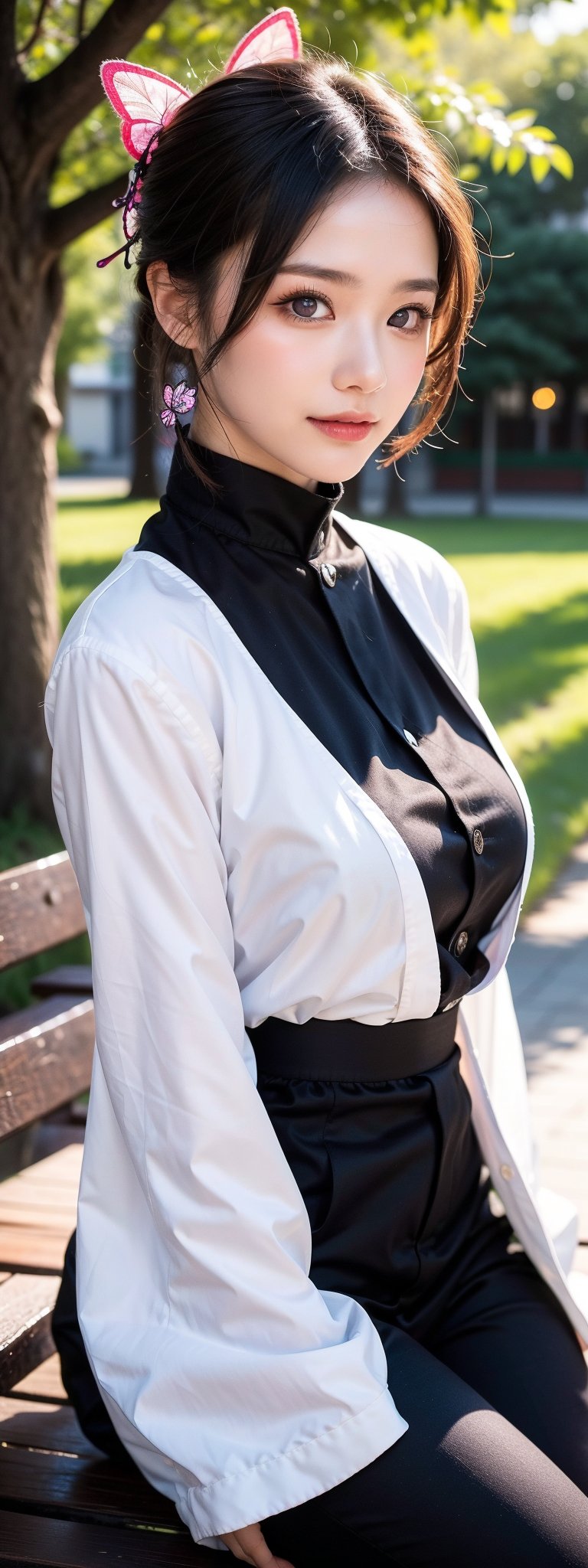 A stunning Kochou Shinobu-inspired image! A girl with short, multicolored hair featuring a gradient effect, sidelocks, and bangs styled in a parted manner sits on a bench beneath a tree. She wears a detailed haori and miniskirt with wide sleeves, paired with black pants and a black jacket. Her breasts are prominent, accentuated by her blouse's design. Her purple eyes sparkle as she looks directly at the viewer, sporting a warm smile and blushing cheeks. A butterfly hair ornament adorns her black hair, which is tied up with a hair ornament. The setting is outdoors on a sunny day, with perfect lighting that highlights every detail. The overall aesthetic is ultra-detailed, with realistic textures and skin tone reaching 1.1 standards. The focus is sharp, drawing the viewer's attention to the subject's captivating gaze.