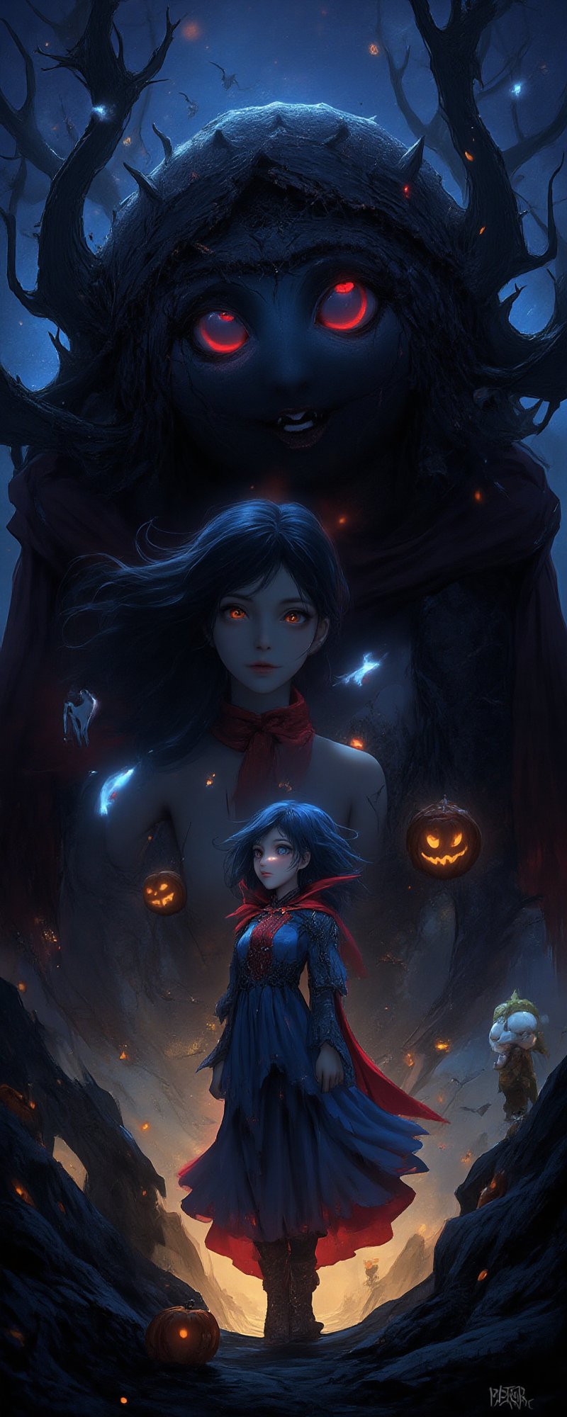 A Halloween-themed reimagining of Nausicaä from "Nausicaä of the Valley of the Wind" standing beside a giant Ohmu. Nausicaä wears her signature blue battle outfit, now enhanced with vampire-inspired details like a dark red cape and black lace accents. Her gentle, determined face glows faintly, with red-tinted eyes, hinting at a vampire transformation. Her hair moves softly in sync with the wind. The Ohmu's massive shell is adorned with web-like patterns, its compound eyes glowing in eerie red light, and bat-like shadows cloak its body. The Halloween atmosphere is highlighted by floating Jack-o'-lantern spirits, flickering in the dark, and small bats and spiders flying around. Nearby, Teto is dressed as a pumpkin, adding a humorous touch to this mysterious, yet adorable scene.