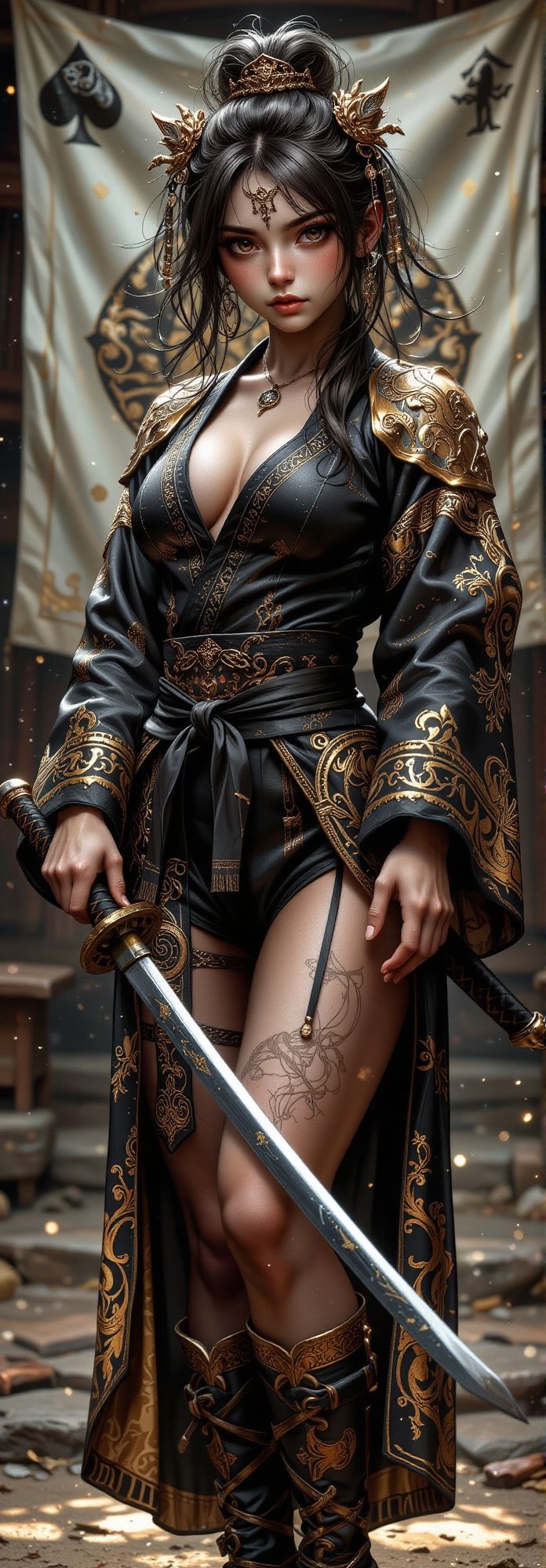 busty and sexy girl,  Japanese martial arts girl,  black spade card design by user_718843393794551822 on Tensor.Art
