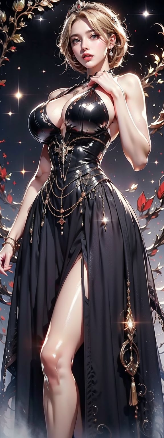 In a breathtaking 8K rendering, a stunning Korean university student stands majestically as a real photo of a fantasy art depicting a gothic queen. She is approximately 25 years old, and the character is shrouded in majestic lighting that highlights her cascading blonde hair and the ornate diamond crown atop her head. A pair of breasts that she is proud of, and in her hands she holds a knife, the shape of which adds a heroic beauty to the image. Her white outfit was adorned with intricate jewelry that highlighted the glory glamor she possesses. The background of this scene is filled with ethereal tendrils of moring fog, swirling against a shiney red background, further enhancing the Gothic aesthetic of the portrait.,Details++,Mikyung