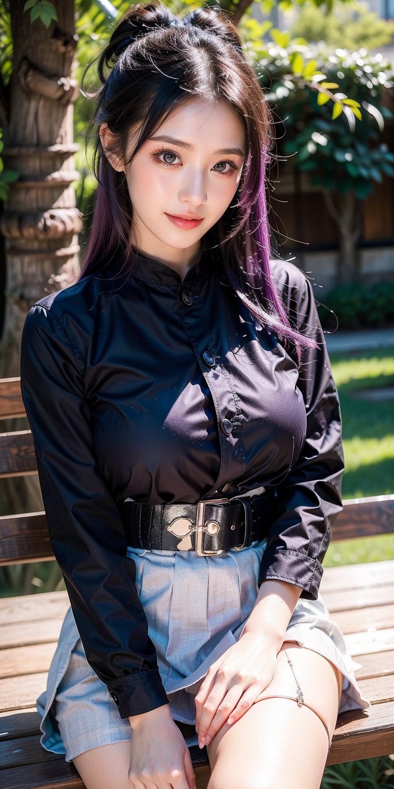 1girl, solo, breasts, looking at viewer, blush, smile, short hair, bangs, skirt, large breasts, black hair, hair ornament, long sleeves, sitting, purple eyes, jacket, purple hair, sidelocks, multicolored hair, pleated skirt, outdoors, parted lips, japanese clothes, day, belt, miniskirt, wide sleeves, two-tone hair, tree, lips, parted bangs, gradient hair, purple skirt, butterfly hair ornament, bench, haori, white belt, (demon slayer uniform,colorful and detailed, ultra detailed), kochou shinobu style,(((exhibitionism))),Breasts,Nipples, ((ultra sharp focus)), (realistic textures and skin:1.1), aesthetic,perfect light,Details++,ELIGHT,black jacket, black pants, forehead