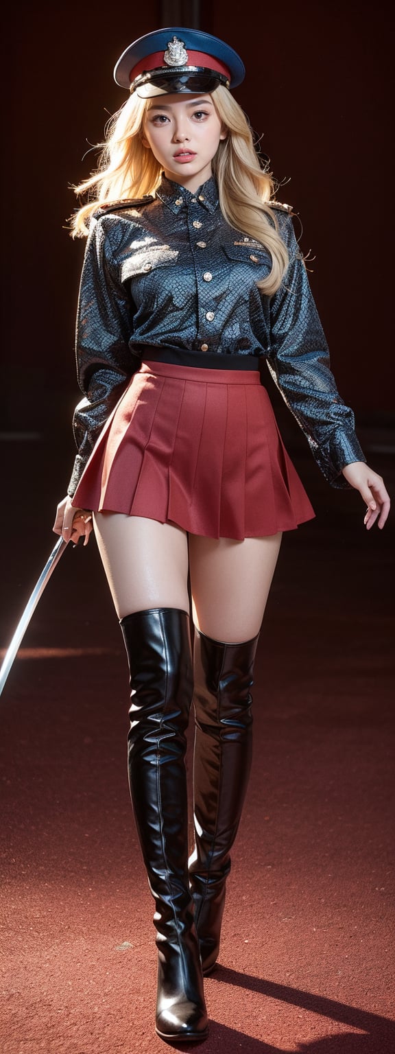 Against a rich, crimson backdrop, a stunning Korean university student stands majestically as the Guard of Honour. Her blonde hair is neatly tied back, and she wears thigh-high boots that accentuate her perfect long feet. The uniform shirt features a band design, while her skirt folds neatly under her mini folding skirt. In one hand, she holds an instrument, and in the other, a flag flows gently in the breeze. Under the soft glow of perfect light, her beauty shines radiantly. The guard's hat sits atop her head, and the sword at her side gleams with photorealistic precision, as if crafted by Octane render itself. Her photorealistic features are so lifelike that one might mistake her for a living, breathing idol.