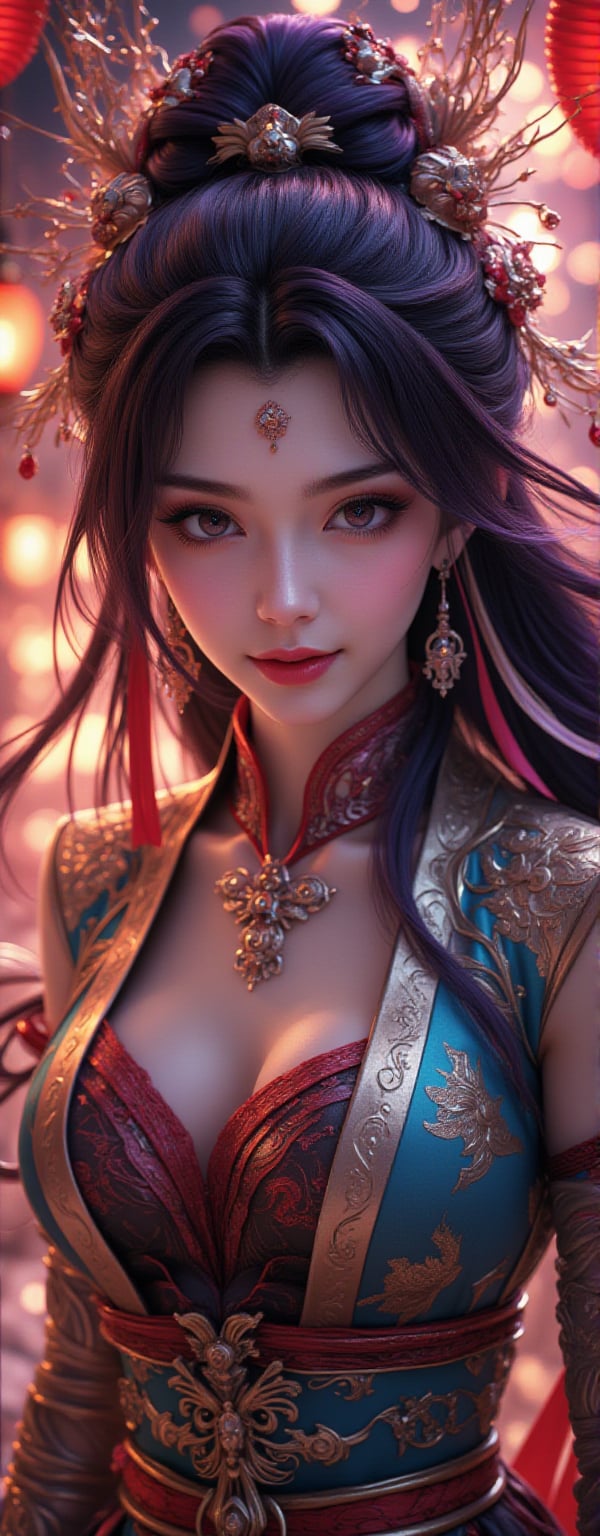 Best quality, masterpiece, ultra high res, (photorealistic:1.5), raw photo, (Masterpiece, Top Quality, Best Quality, Official Art, Beauty and Aesthetics: 1.2), 1girl, long black hair, Medusa wears a sleeveless, In a vibrant, ultra-realistic depiction, Diao Chan stands confidently in her Three Kingdoms dress-up attire, her bright smile radiating joy as she gazes directly at the viewer. Her striking features are set against a warm, HDR-lit backdrop, emphasizing her porcelain-like complexion and luscious locks. Framed from head to toe, her elegant figure is showcased in stunning detail, inviting the viewer to step into the captivating scene.,Eroflo,meidusha, KOLNB,forehead mark, high contrast, (grayscale:-1.5),云韵Flux-起风了,purple hair