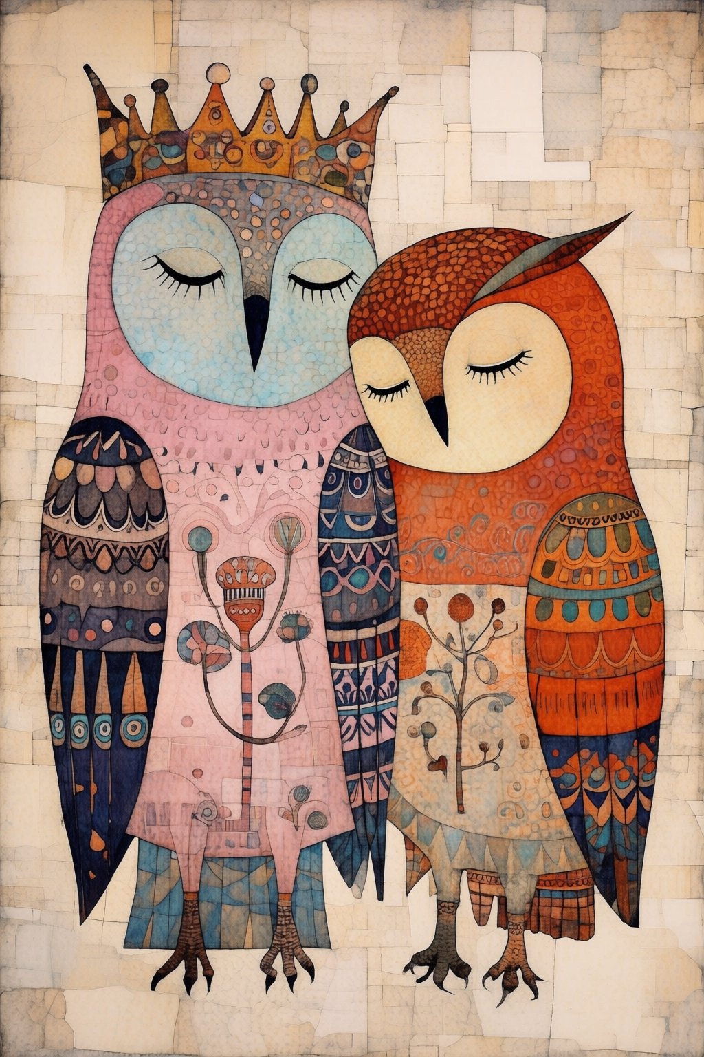 kaoruyamada2q painting. Folk art style illustration. Full-length view of two stylized,  rounded owls snuggling closely tog...