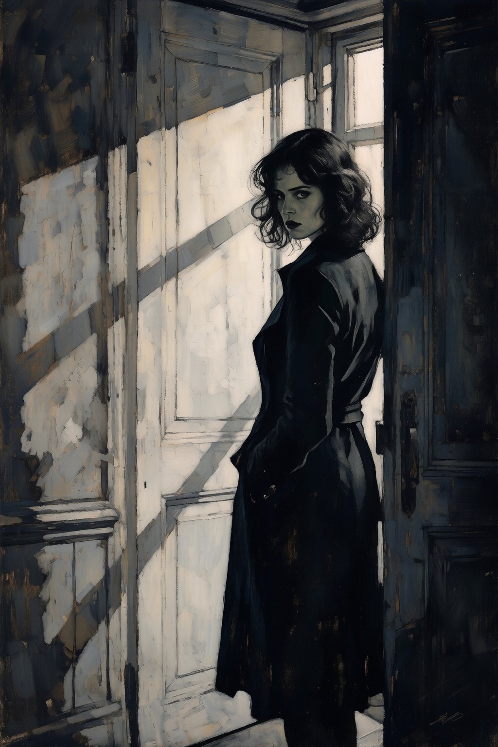 kaoruyamada2q painting. On the right is a woman standing in a doorway,  She has chin-length,  dark wavy hair and wears a l...