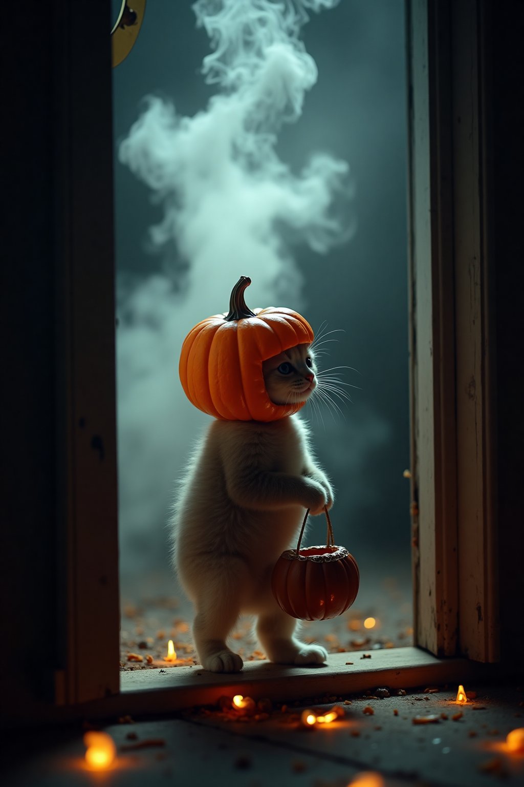 Professional film grain horror photography of a kitten standing outside of an open door. The kitten is wearing a carved pumpkin as a helmet, its small paws holding a candy bucket while trick-or-treating outside a spooky door. The kitten's costume is cute yet eerie, with the pumpkin head slightly oversized for its body. Wisps of smoke and a ghostly gas spirit rise from the ground behind the kitten, giving the scene a haunting, supernatural feel. The overall vibe is whimsical and spooky. Soft moonlight, misty atmosphere, glowing Halloween decorations, spooky yet adorable mood.
smoke and gas spirit rising up.  horror scary glowing