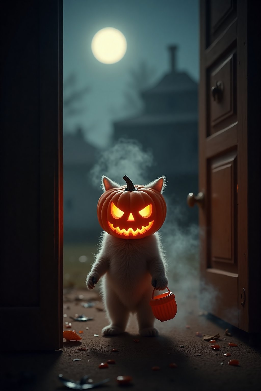 Door cam photo of a kitten standing outside of an open door. The kitten is wearing a carved pumpkin as a helmet, its small paws holding a candy bucket while trick-or-treating outside a spooky door. The kitten's costume is cute yet eerie, with the pumpkin head slightly oversized for its body. Wisps of smoke and a ghostly gas spirit rise from the ground behind the kitten, giving the scene a haunting, supernatural feel. The overall vibe is whimsical and spooky. Soft moonlight, misty atmosphere, glowing Halloween decorations, spooky yet adorable mood.
smoke and gas spirit rising up.  horror scary glowing