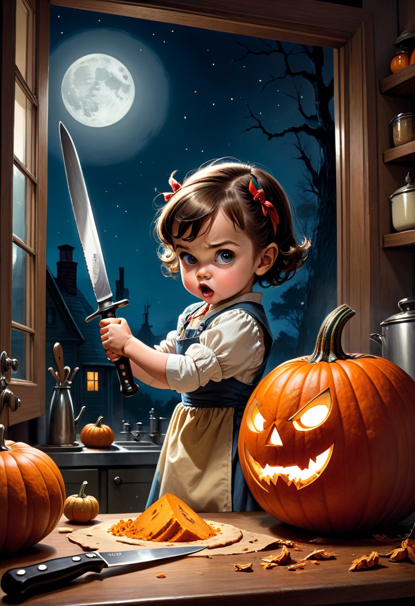 A baby girl 4yo holding a big knife,  Fierce,  vintage,  2d,  pin-up,  ink,  watercolor,  mail art,  best quality,  kitchen room,  fierce cooking,  close up mad young Fierce housewife furiously attacking a big pumpkin with big knife. detailed extremely furious face expression,  dynamic pose,  kitchen,  table,  window,  moonlight,  Norman Rockwell,  Craola,  Dan Mumford,  Andy Kehoe,  Miyazaki,  flat,  cute,  adorable,  storybook detailed illustration,  ultra highly detailed,  tiny details,  beautiful details,  mystical,  luminism,  vibrant colors,  complex background