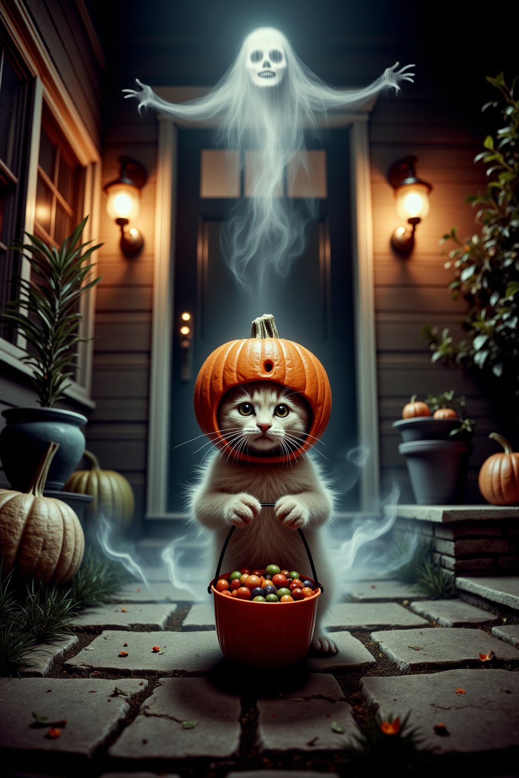 Professional film grain horror photography. View from a fisheye lens of a kitten standing in front of a house. The kitten is wearing a carved pumpkin as a helmet, its small paws holding a candy bucket while trick-or-treating outside a spooky door. The kitten's costume is cute yet eerie, with the pumpkin head slightly oversized for its body. Wisps of smoke and a ghostly gas spirit rise from the ground behind the kitten, giving the scene a haunting, supernatural feel. The overall vibe is whimsical and spooky. Soft moonlight, misty atmosphere, glowing Halloween decorations, spooky yet adorable mood.
smoke and gas spirit rising up.  horror scary glowing