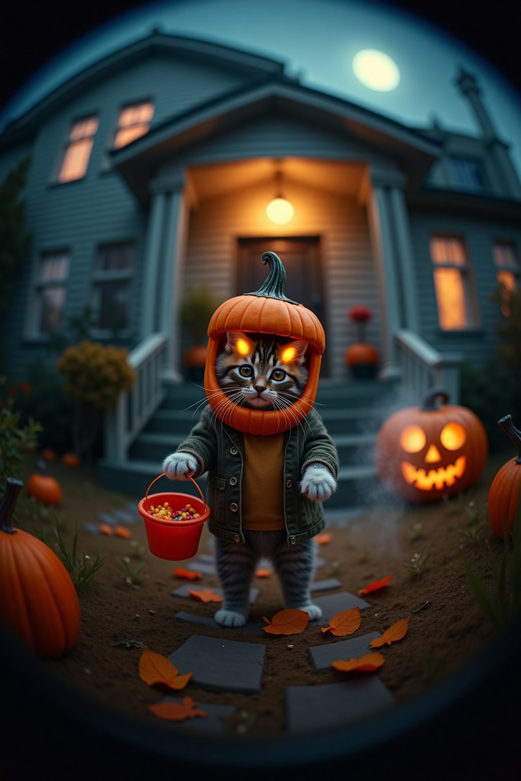 View from a fisheye lens of a kitten standing outside of an house. The kitten is wearing a carved pumpkin as a helmet, its small paws holding a candy bucket while trick-or-treating outside a spooky door. The kitten's costume is cute yet eerie, with the pumpkin head slightly oversized for its body. Wisps of smoke and a ghostly gas spirit rise from the ground behind the kitten, giving the scene a haunting, supernatural feel. The overall vibe is whimsical and spooky. Soft moonlight, misty atmosphere, glowing Halloween decorations, spooky yet adorable mood.
smoke and gas spirit rising up.  horror scary glowing