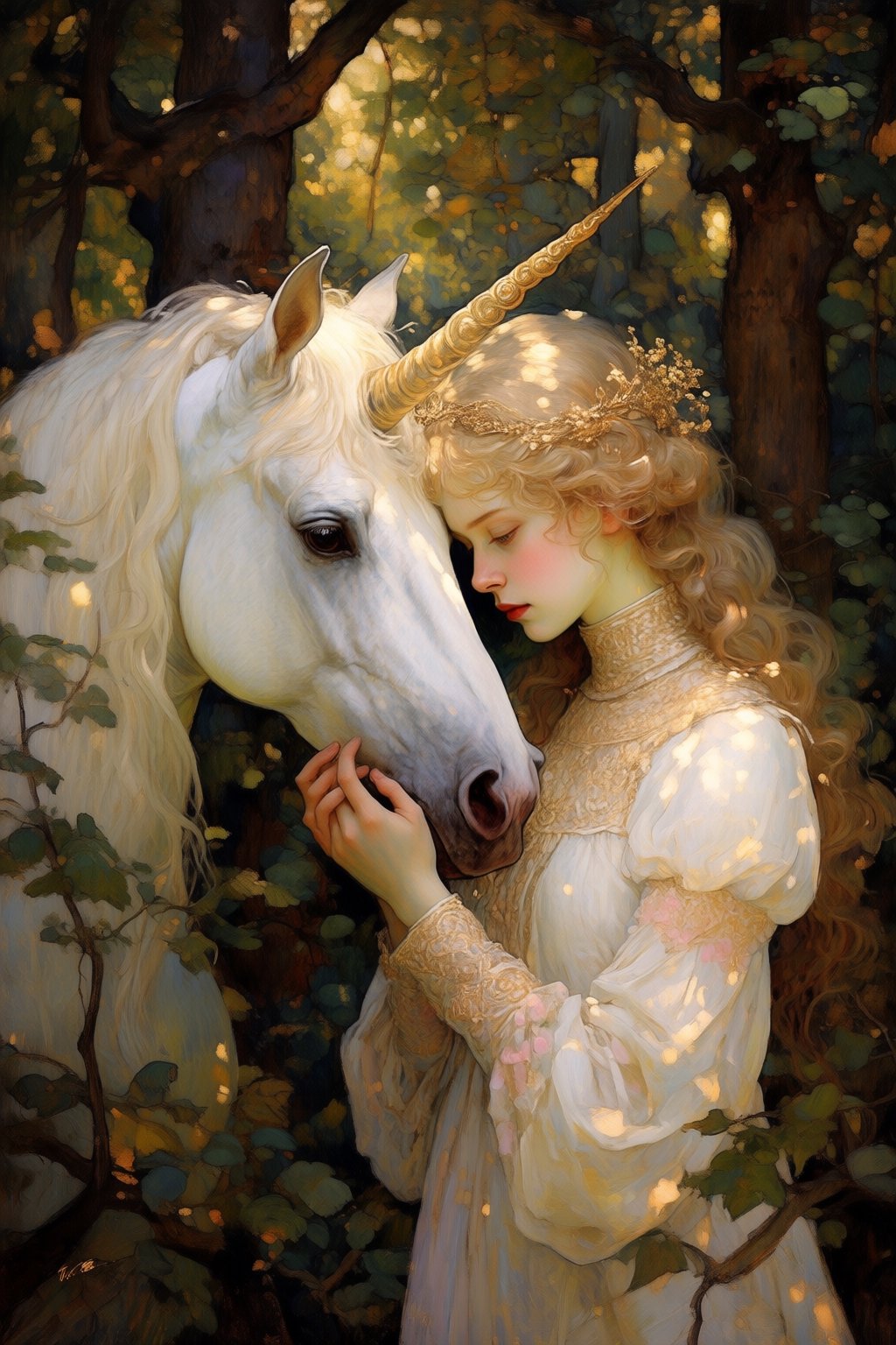 kaoruyamada2q painting. Profile of a young woman with long,  wavy blonde hair and a delicate gold circlet leaning her fore...