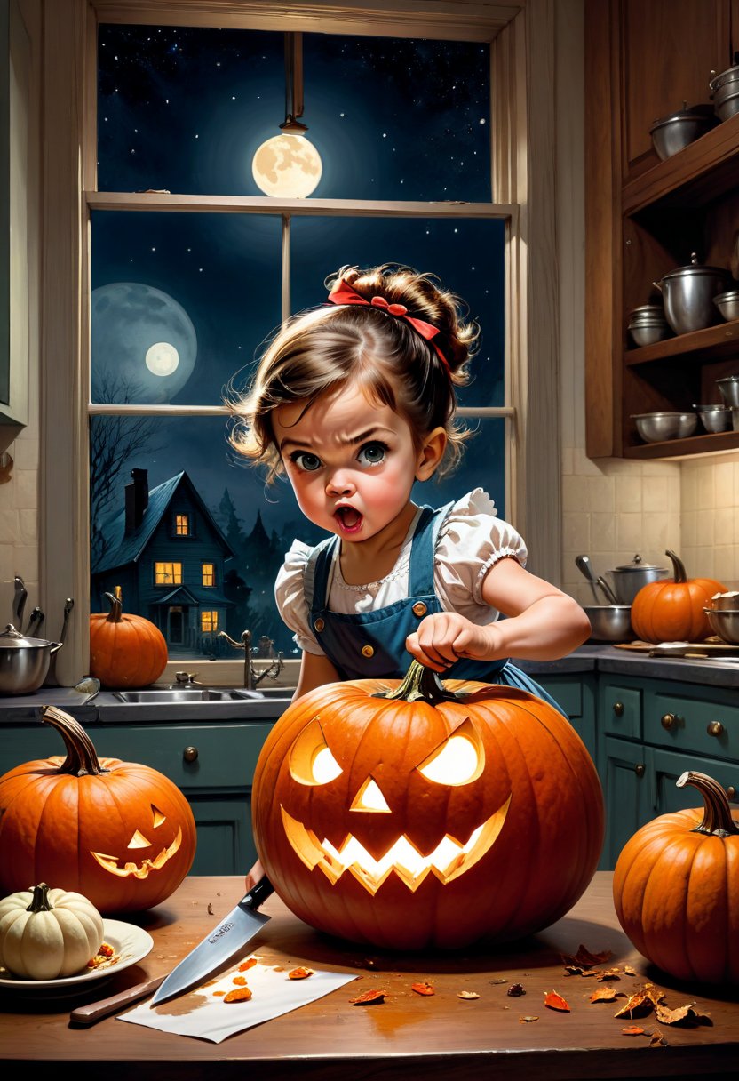 A baby girl 4 years old,  Fierce,  vintage,  2d,  pin-up,  ink,  watercolor,  mail art,  best quality,  kitchen room,  fierce cooking,  close up mad young Fierce housewife with big knife furiously attacks a head of big pumpkin . detailed extremely furious face expression,  dynamic pose,  kitchen,  table,  window,  moonlight,  Norman Rockwell,  Craola,  Dan Mumford,  Andy Kehoe,  Miyazaki,  flat,  cute,  adorable,  storybook detailed illustration,  ultra highly detailed,  tiny details,  beautiful details,  mystical,  luminism,  vibrant colors,  complex background