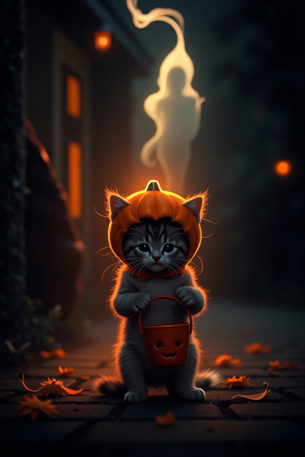 BNR STYLE. Ring Camera footage of a kitten standing in front of a house. The kitten is wearing a carved pumpkin as a helmet, its small paws holding a candy bucket while trick-or-treating outside a spooky door. The kitten's costume is cute yet eerie, with the pumpkin head slightly oversized for its body. Wisps of smoke and a ghostly gas spirit rise from the ground behind the kitten, giving the scene a haunting, supernatural feel. The overall vibe is whimsical and spooky. Soft moonlight, misty atmosphere, glowing Halloween decorations, spooky yet adorable mood.
smoke and gas spirit rising up.  horror scary glowing.