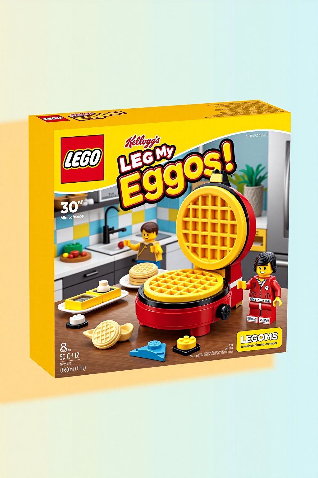 Visualize a vibrant Lego box set featuring a playful breakfast theme for "Kellogg's Eggo Waffles." The front of the box pr...