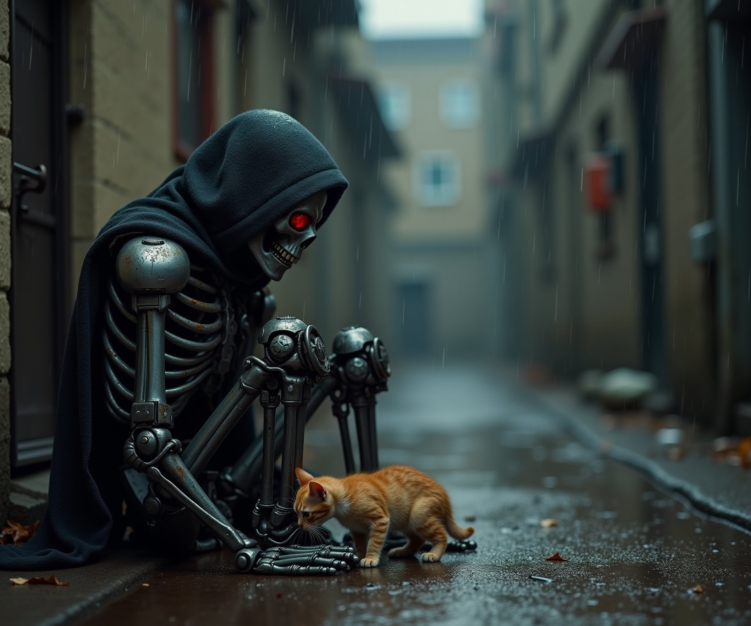 A abandoned terminator robot skeleton, covered in a hood, sits abandoned in a rain-soaked back alley. The weathered metal contrasts with the damp pavement, creating an eerie atmosphere. A curious kitten cautiously explores the skeleton's legs, its fur glistening with raindrops. The overall ambiance of the image is both melancholic and mysterious, evoking a sense of abandonment and the passage of time.