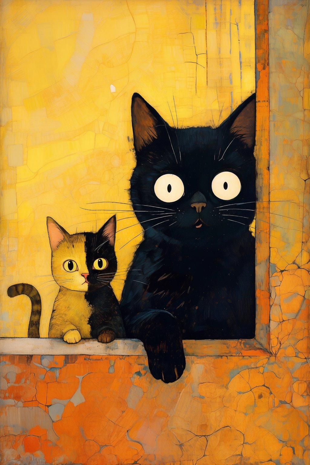 kaoruyamada2q painting. Whimsical storybook illustration features two stylized cats peeking over a textured orange ledge a...