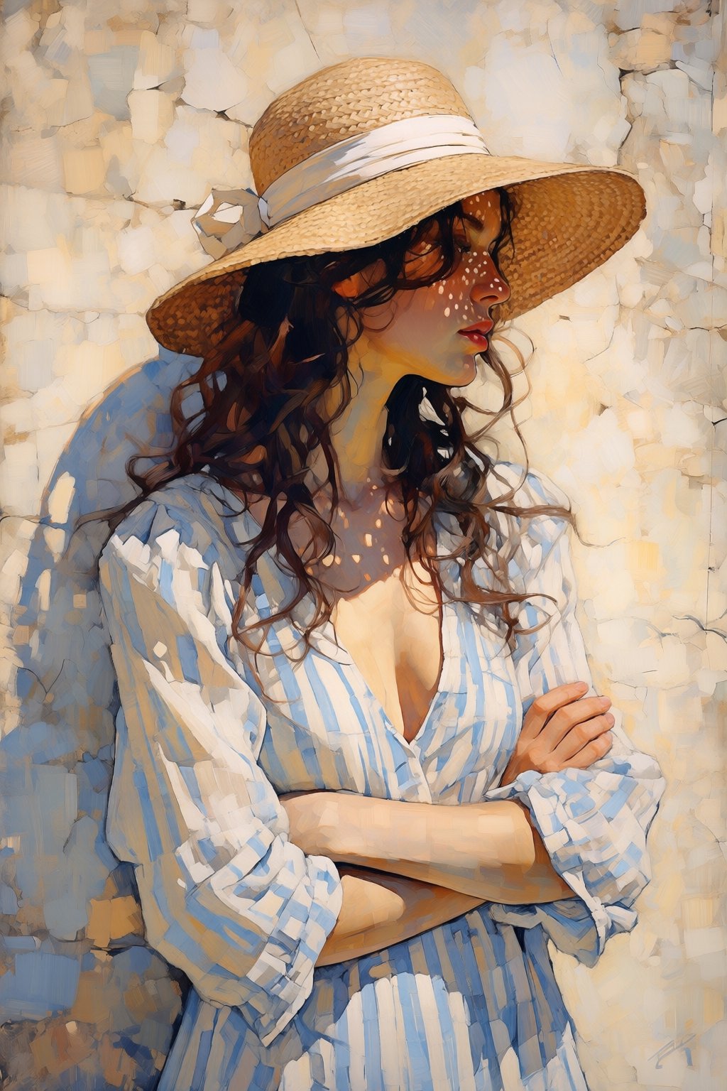 kaoruyamada2q painting. Slightly low angle view of a woman with a slender build and tan skin leaning against a textured,...