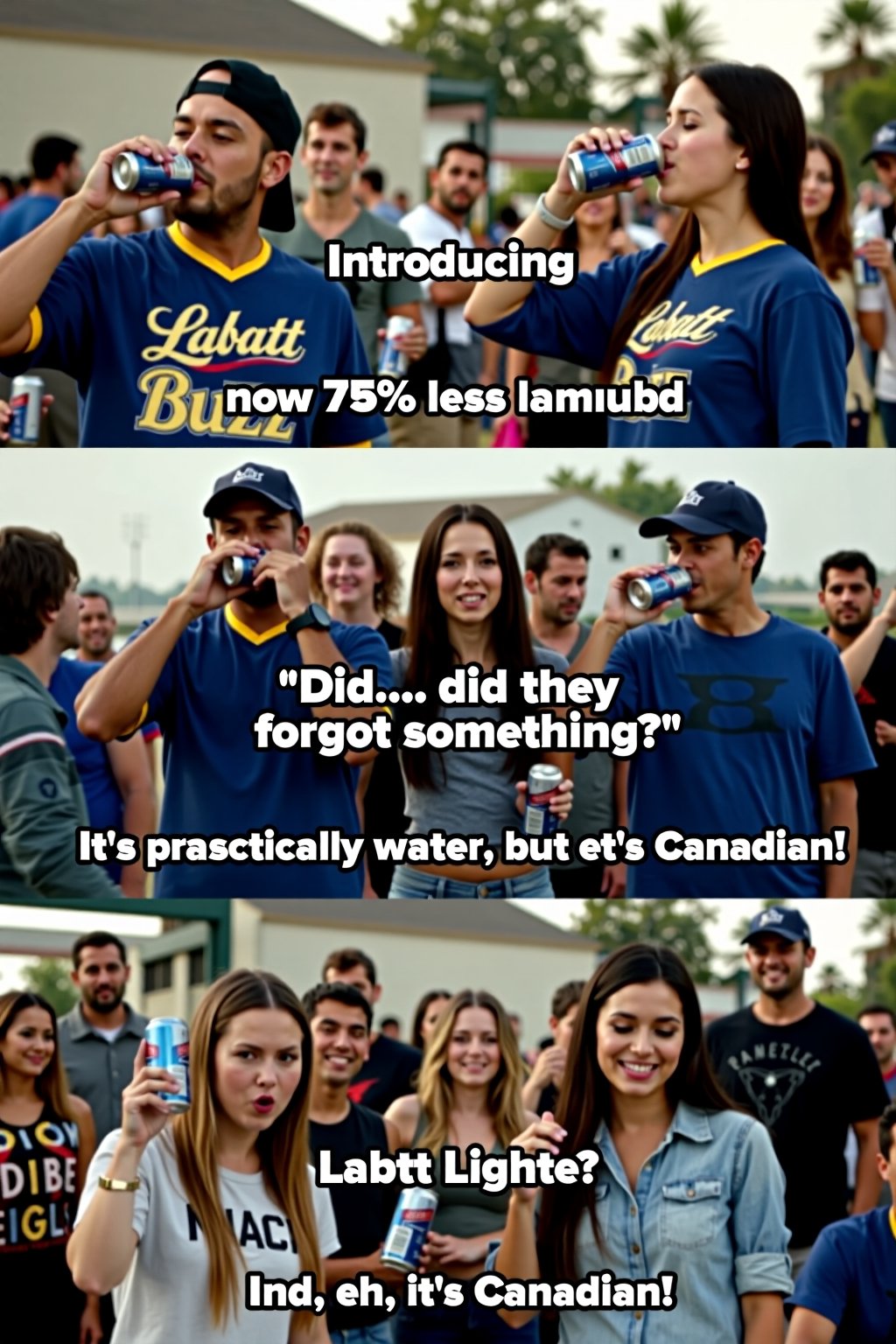 Parody commercial for "Labatt Blue Buzz Light", showcasing various people drinking the beer at events like barbecues and tailgates. The narrator announces, "Introducing Blue Buzz Light... now 75% less!" People hold up cans and look puzzled, noting "Did...did they forget something?" while the tagline appears in bold letters, "Labtt Blue Buzz Light: It's practically water, but eh, it's Canadian!" The scene closes with upbeat music, people shrugging and laughing as they drink, with a humorous tone.