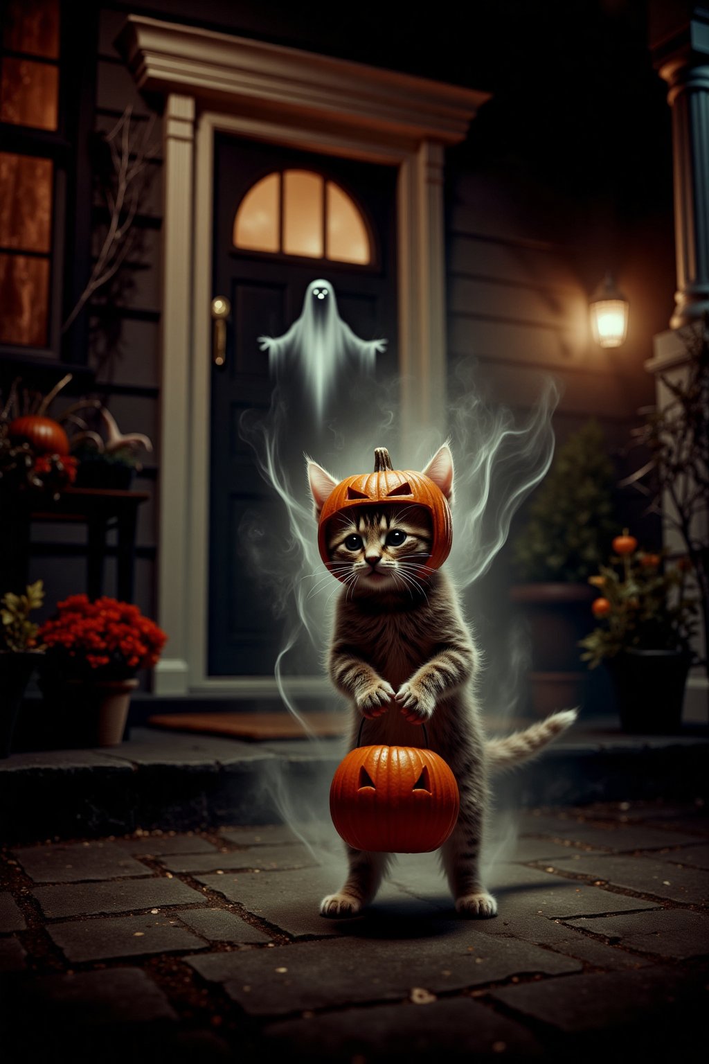 Professional film grain horror photography of a kitten wearing a carved pumpkin as a helmet, its small paws holding a candy bucket while trick-or-treating outside a spooky door. The kitten's costume is cute yet eerie, with the pumpkin head slightly oversized for its body. Wisps of smoke and a ghostly gas spirit rise from the ground behind the kitten, giving the scene a haunting, supernatural feel. The front door of a house is decorated with cobwebs and Halloween decorations, illuminated by a flickering porch light. The overall vibe is whimsical and spooky. Soft moonlight, misty atmosphere, glowing Halloween decorations, spooky yet adorable mood.
smoke and gas spirit rising up.  horror scary glowing