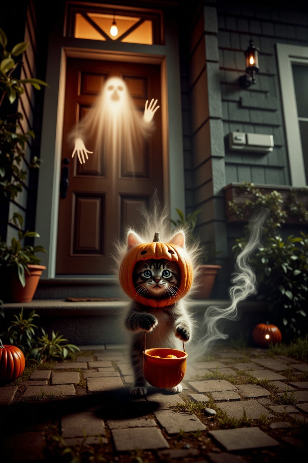 Professional film grain horror photography. Ring Camera footage of a kitten standing in front of a house. The kitten is wearing a carved pumpkin as a helmet, its small paws holding a candy bucket while trick-or-treating outside a spooky door. The kitten's costume is cute yet eerie, with the pumpkin head slightly oversized for its body. Wisps of smoke and a ghostly gas spirit rise from the ground behind the kitten, giving the scene a haunting, supernatural feel. The overall vibe is whimsical and spooky. Soft moonlight, misty atmosphere, glowing Halloween decorations, spooky yet adorable mood.
smoke and gas spirit rising up.  horror scary glowing