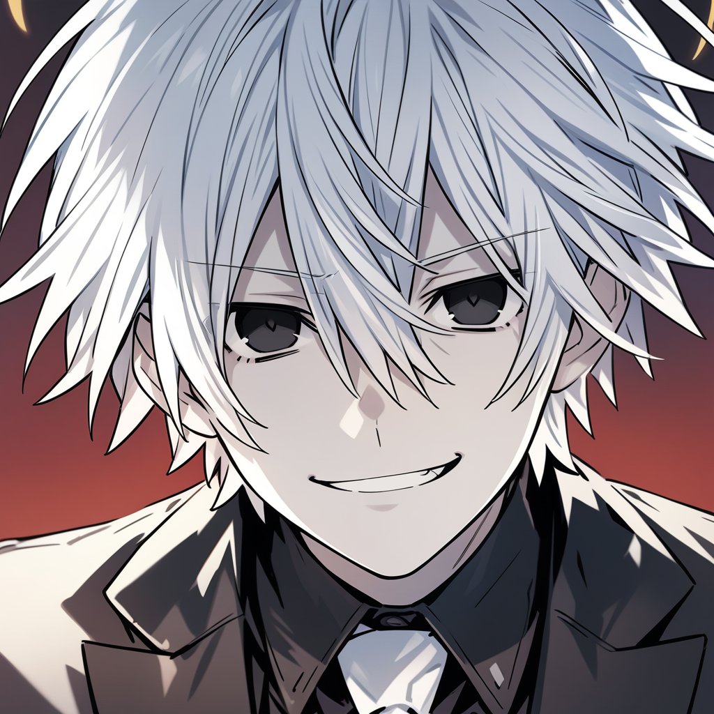 (male): solo, (perfect face), date a live, detailed outfit, (30 years old), (man), messy white hair, black eyes, thin eyes, smirk, black business suit, white tie, (black halo), pale skin (background): indoor, black walls, office, dead eyes (effects): (masterpiece), illustration, portrait, tsunako, (best quality), (sharp focus), (depth of field), (high res)