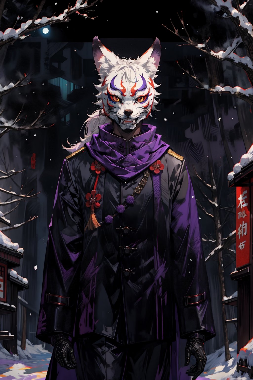 High quality, masterpiece, ((1 man)), ((black and purple kitsune mask)), ((long coat,)) low ponytail, black monk uniform, purple cloth, walking in empty snowy forest, ((long purple scarf)), fox ears, night sky, full_mask,nodf_lora