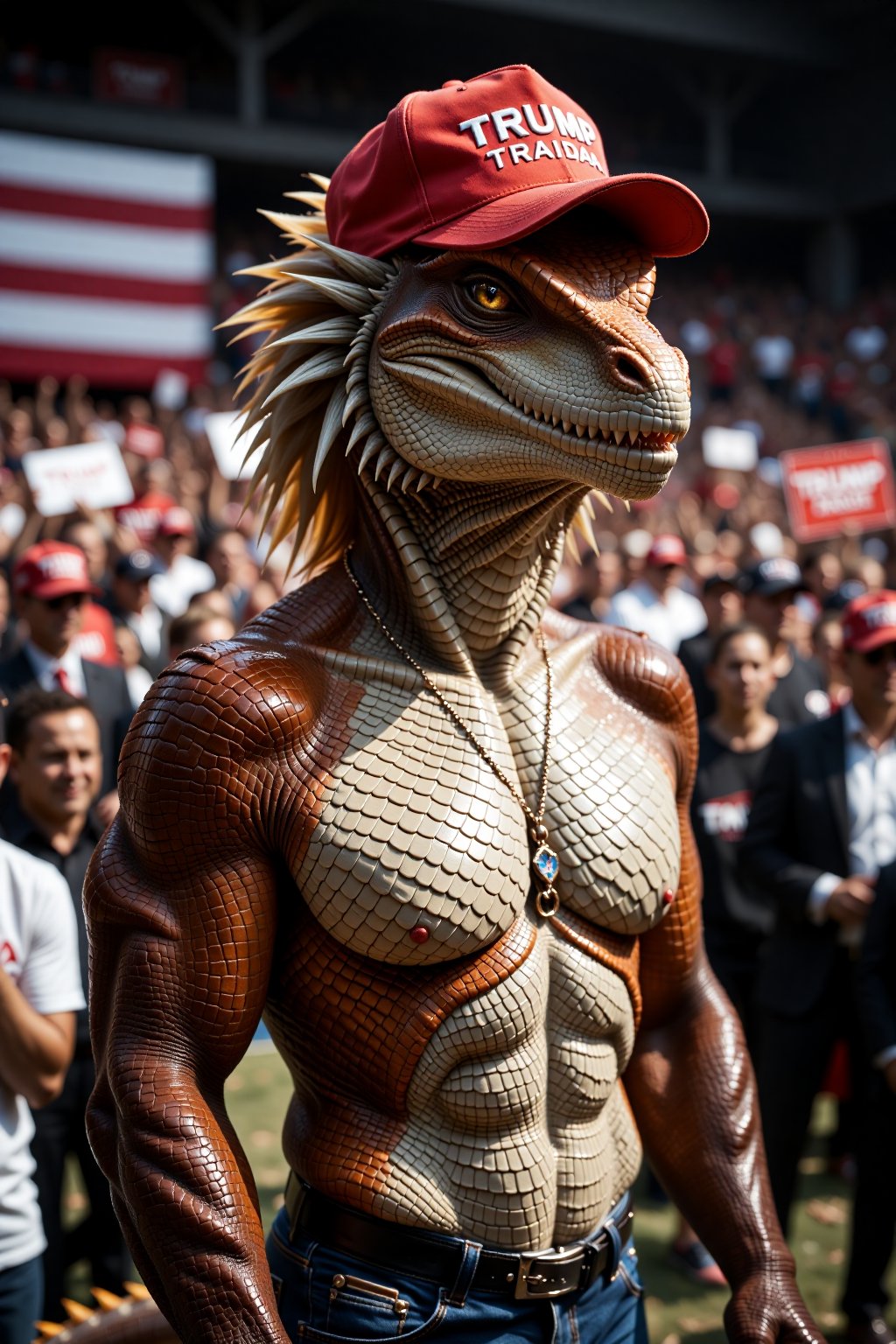 This is a highly detailed photograph of an anthropomorphic lizard with at a Trump Rally. His whole body is covered in shiny scales. The character's face is that of Donald Trump and has his hair style. He wears a MAGA hat.