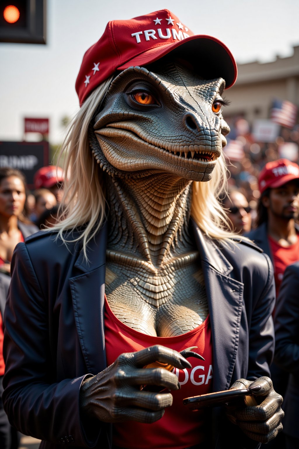 This is a highly detailed photograph of an anthropomorphic lizard with at a Trump Rally. His whole body is covered in shiny scales. The character's face is that of Donald Trump and has his hair style. He wears a MAGA hat.