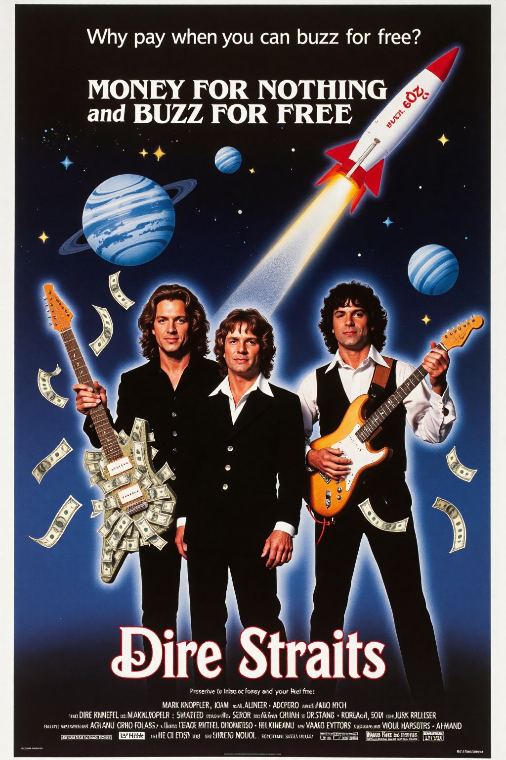 Vintage Movie poster for "Money for Nothing and Buzz for Free" featuring the band Dire Straits. The band members are shown in a retro 80s style, standing in a playful pose with guitars and synthesizers, surrounded by neon lights and dollar bills floating around. Frontman Mark Knopfler is holding a guitar made of cash, while another band member strums on a guitar that doubles as a rocket ship. In the background, a stylized space scene shows planets and stars, with a rocket labeled "Buzz" soaring across the sky. The tagline reads: "Why pay when you can get buzz for free?" The poster uses vibrant colors, a neon glow, and a fun, energetic tone.