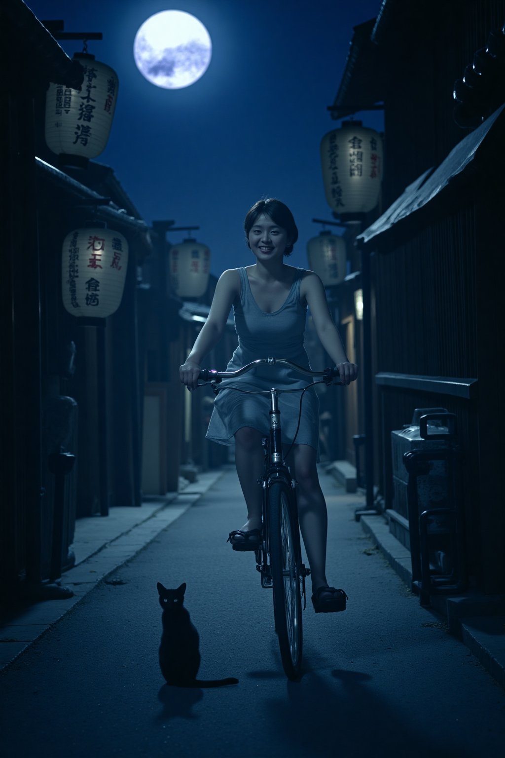 Medium shot photo of a Japanese woman riding a old style bicycle through a narrow, quiet street at night. The happy woman wears a simple, flowing dress. The street is lined with traditional Japanese wooden buildings and hanging paper lanterns, casting soft shadows. The scene is illuminated by a bright, silvery moonlight filtering through, creating a mystical, serene atmosphere. In the corner, a small black cat with piercing eyes sits watching her quietly. The mood is tranquil and slightly magical. Soft lighting, deep blue tones, detailed shading, ethereal, cinematic composition.