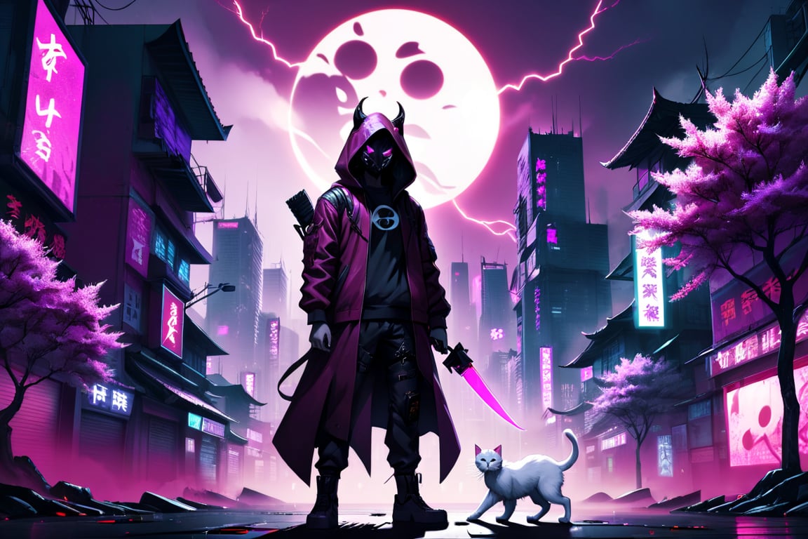 cyberpunk city, human shaped shadow, two knives, standing in the middle and a moon behind him, hood, horns, add hood color: dark red, Sakura Tree, Purple background, buildings with neon lights, a white cat, HD, pink pupils, electric storm