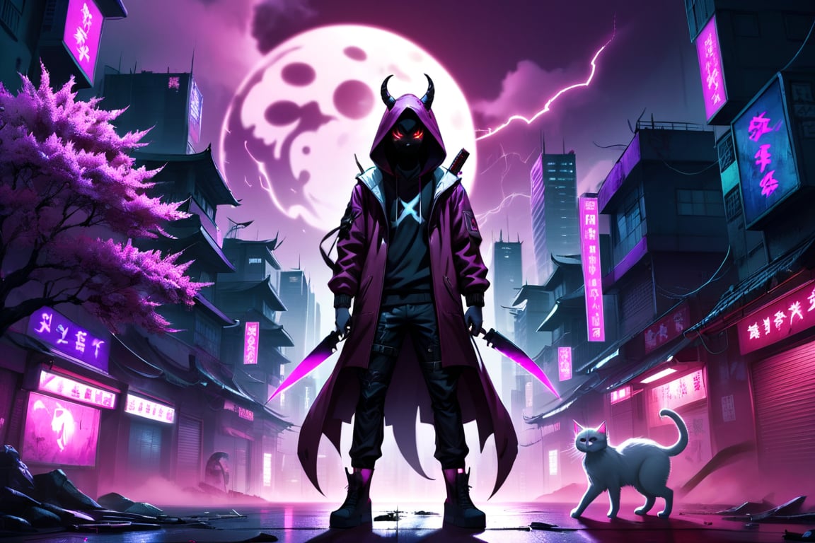 cyberpunk city, human shaped shadow, two knives, standing in the middle and a moon behind him, hood, horns, add hood color: dark red, Sakura Tree, Purple background, buildings with neon lights, a white cat, HD, pink pupils, electric storm