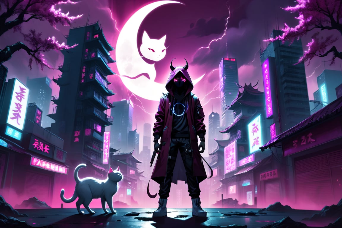 cyberpunk city, human shaped shadow, two knives, standing in the middle and a moon behind him, hood, horns, add hood color: dark red, Sakura Tree, Purple background, buildings with neon lights, a white cat, HD, pink pupils, electric storm
meditation ohm pose