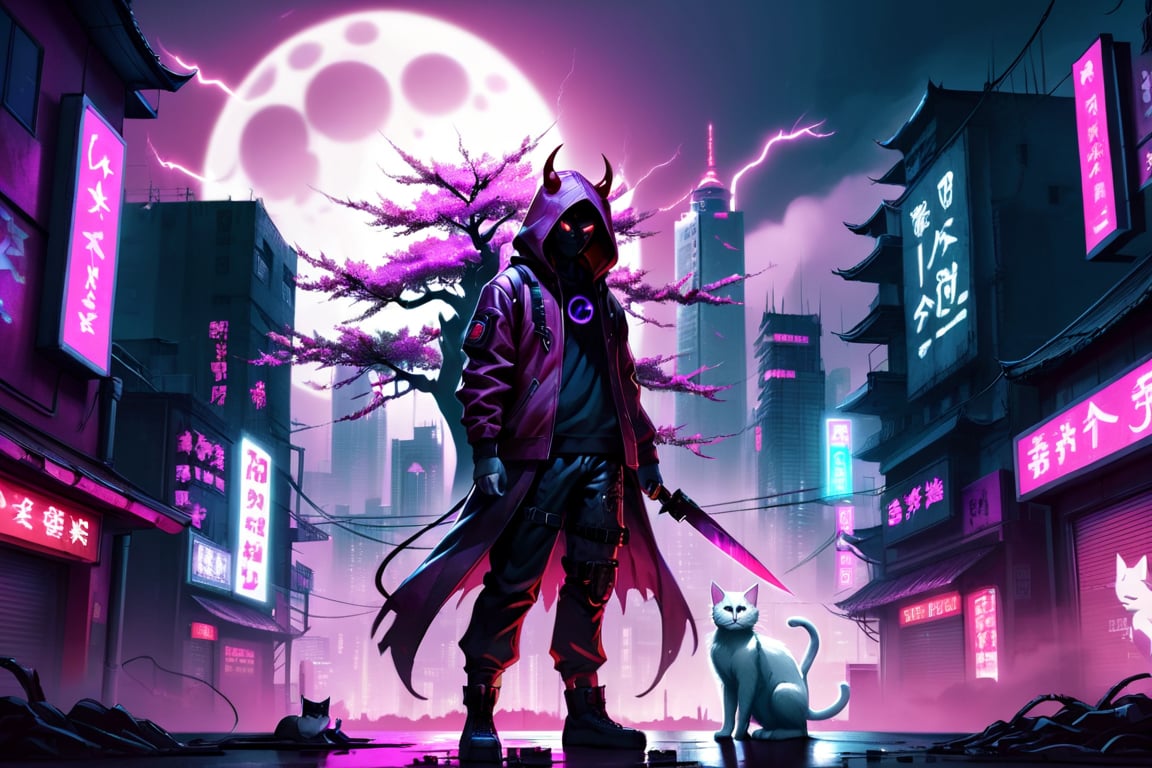 cyberpunk city, human shaped shadow, two knives, standing in the middle and a moon behind him, hood, horns, add hood color: dark red, Sakura Tree, Purple background, buildings with neon lights, a white cat, HD, pink pupils, electric storm