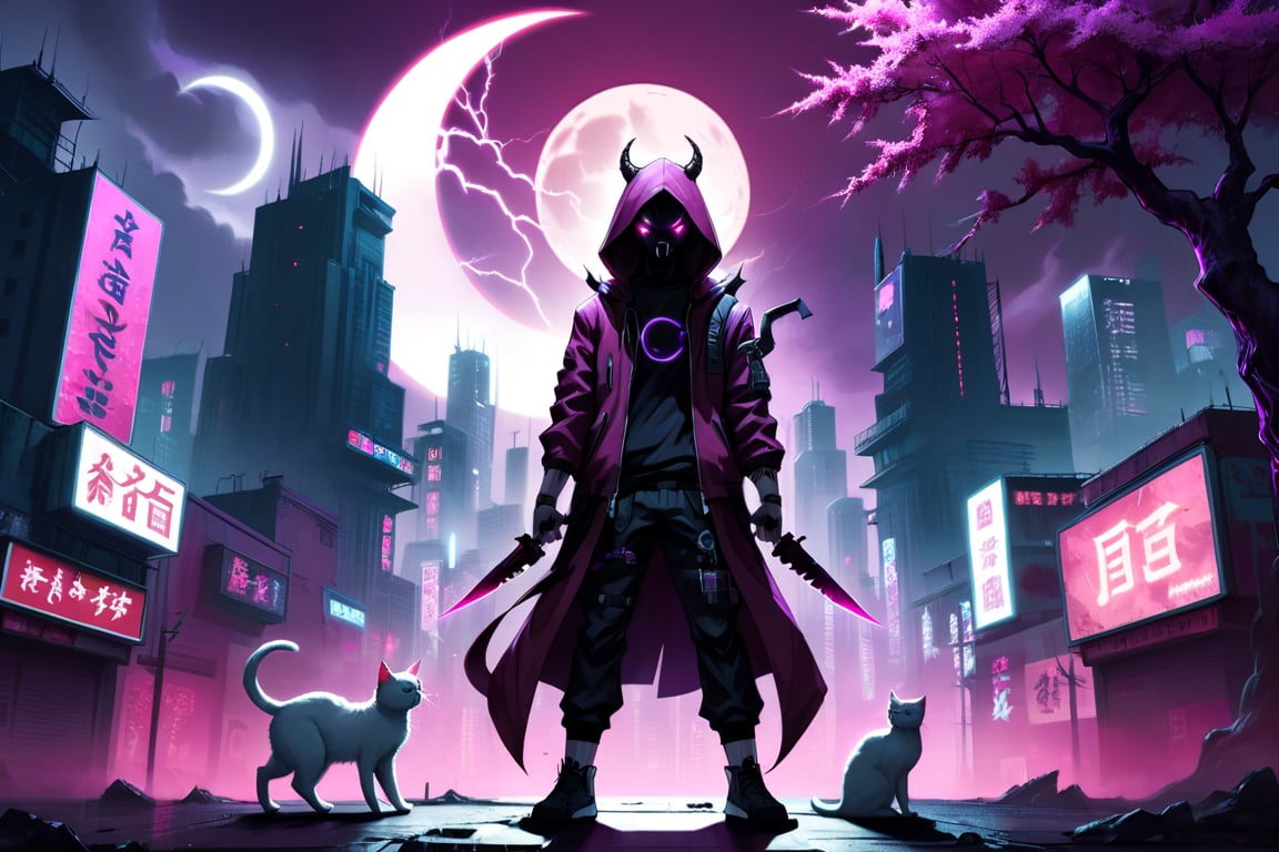 cyberpunk city, human shaped shadow, two knives, standing in the middle and a moon behind him, hood, horns, add hood color: dark red, Sakura Tree, Purple background, buildings with neon lights, a white cat, HD, pink pupils, electric storm
meditation ohm pose