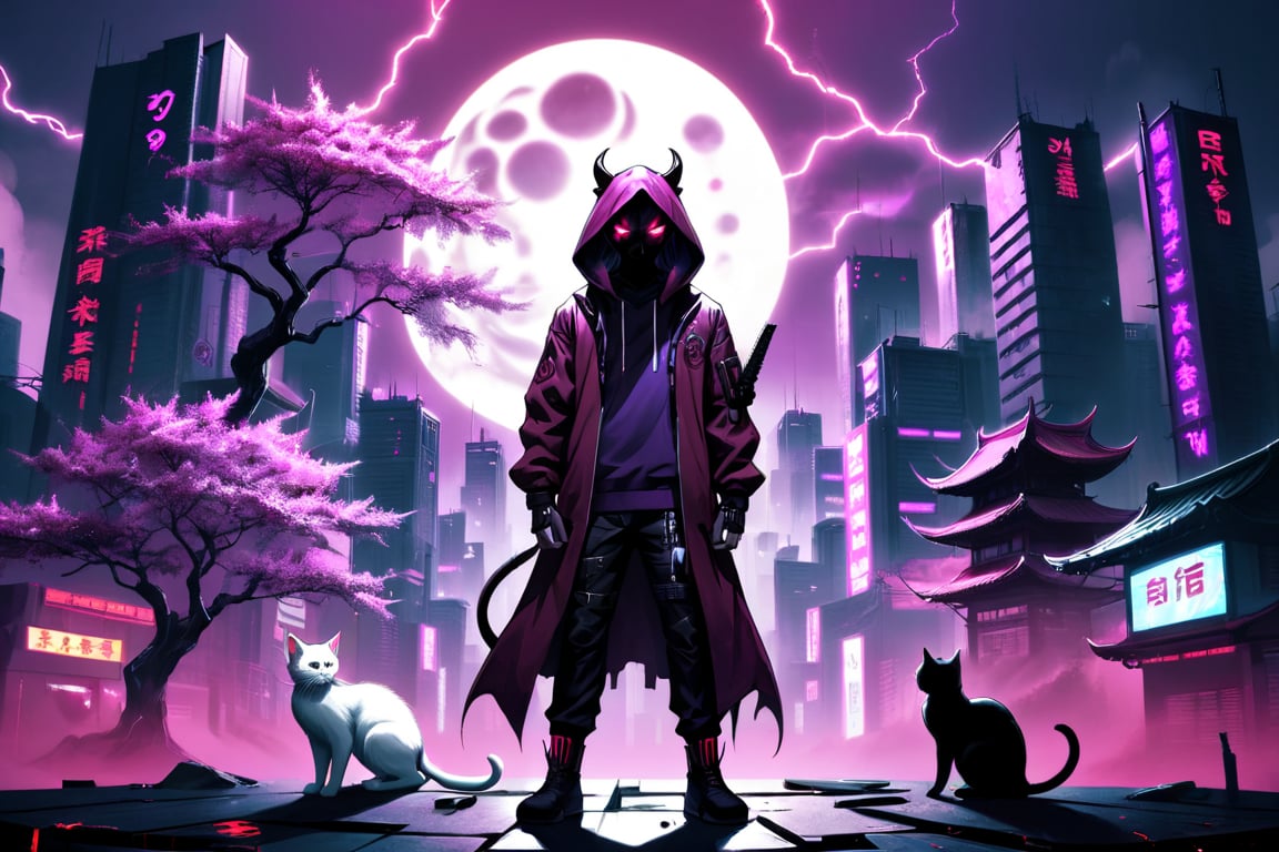 cyberpunk city, human shaped shadow, two knives, standing in the middle and a moon behind him, hood, horns, add hood color: dark red, Sakura Tree, Purple background, buildings with neon lights, a white cat, HD, pink pupils, electric storm,
meditation ohm pose