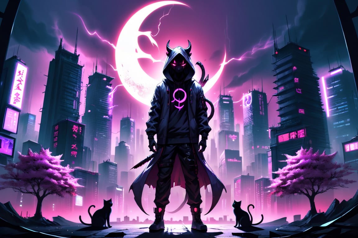 cyberpunk city, human shaped shadow, two knives, standing in the middle and a moon behind him, hood, horns, add hood color: dark red, Sakura Tree, Purple background, buildings with neon lights, a white cat, HD, pink pupils, electric storm
meditation ohm pose