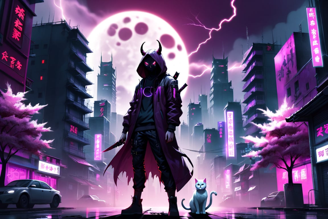 cyberpunk city, human shaped shadow, two knives, standing in the middle and a moon behind him, hood, horns, add hood color: dark red, Sakura Tree, Purple background, buildings with neon lights, a white cat, HD, pink pupils, electric storm