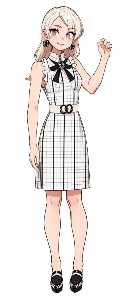 1girl, solo, long hair, looking at viewer, smile, grey eyes, simple background, white background, dress, bow, standing, full body, platinum blonde hair, chanel heels, sleeveless, hand up, black footwear, checkered pattern, makeup, sleeveless dress, white dress, chanel dress, chanel belt