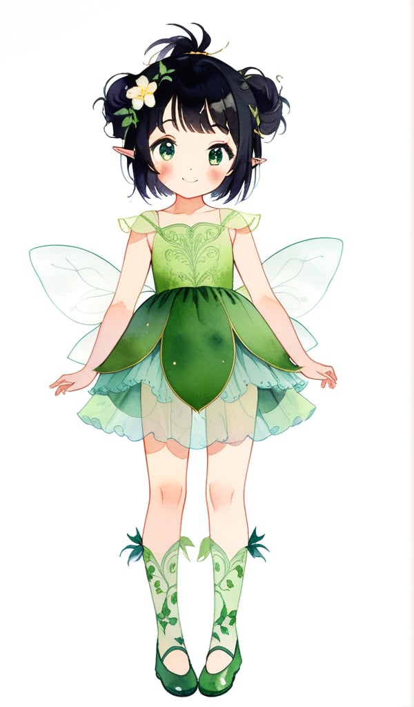 1girl, solo, looking at viewer, blush, smile, bangs, simple background, black hair, hair ornament, white background, dress, closed mouth, standing, full body, flower, wings, vines, pointy ears, vines, hair flower, see-through, iris flowers, green dress, ballet_slippers, fairy wings, fairy, green footwear, watercolor_(medium)