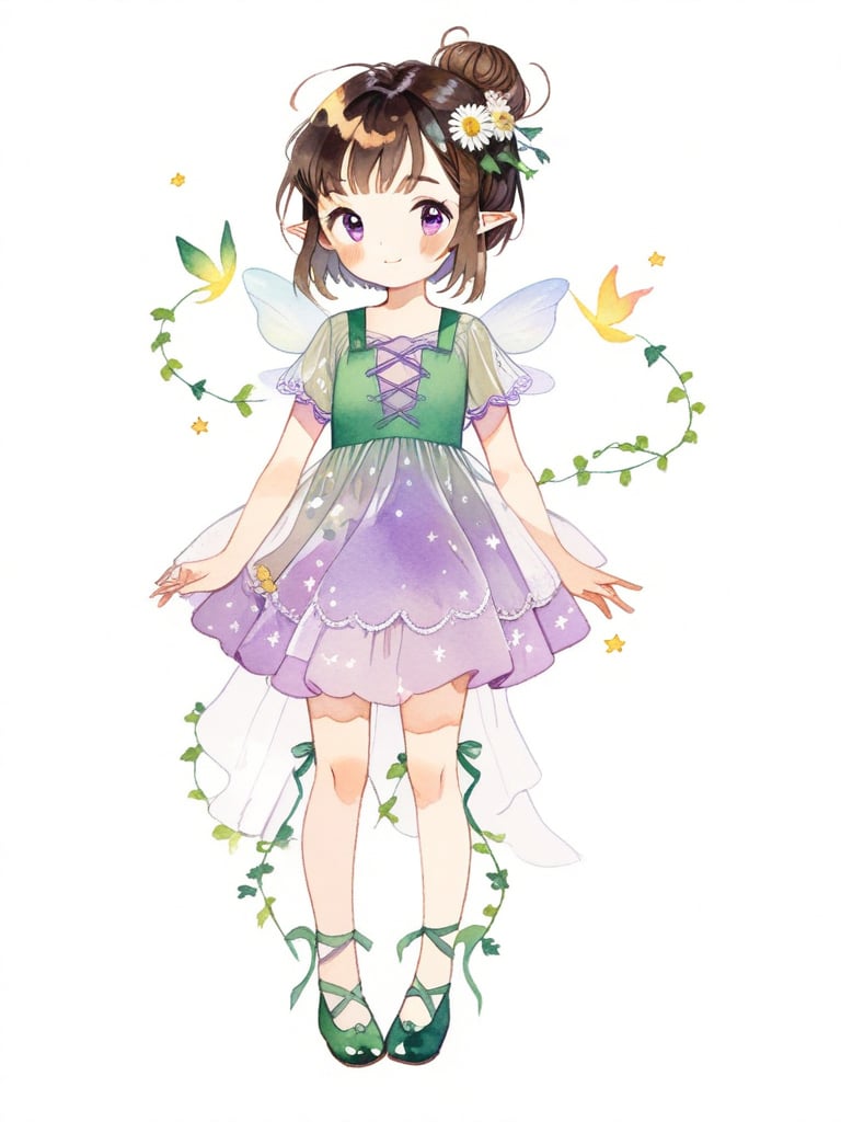 1girl, solo, looking at viewer, blush, smile, bangs, simple background, brown hair, hair ornament, white background, dress, closed mouth, standing, full body, flower, short sleeves, wings, shoes, pointy ears, vines, hair flower, hair bun, star \(symbol\), see-through, single hair bun, daisies, purple dress, ballet_slippers, fairy wings, fairy, green footwear, watercolor_(medium)